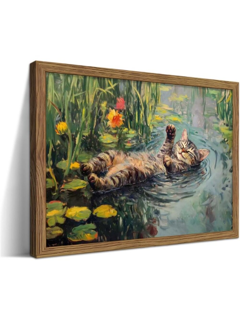 Framed Cat Wall Art - Funny Impressionist Floral Canvas Print for Home Decor